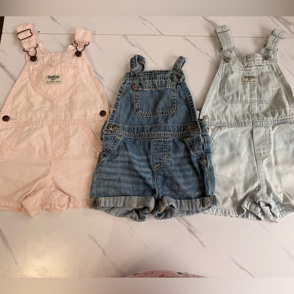 OshKosh B'gosh Trio of Girls' Shortall Overalls - Blue, Light Pink, Light Blue